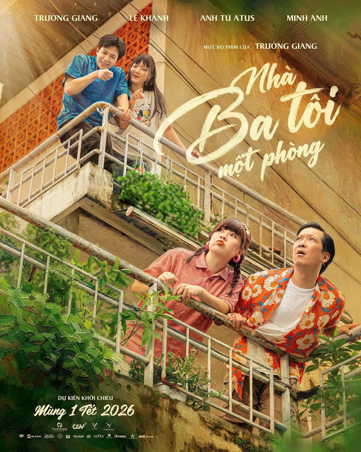 Nhà ba tôi một phòng do Trường Giang làm đạo diễn, nhà sản xuất đồng thời đóng chính. Phim còn có sự tham gia diễn xuất của Đoàn Minh Anh, Anh Tú Atus, Lê Khánh. Ảnh: FB Trường Giang.