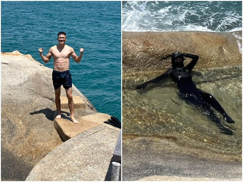 Trên trang cá nhân, Công Vinh đăng tải một số hình ảnh "dìm hàng" Thủy Tiên khi cả hai đi tắm biển. Ảnh: FB Công Vinh.