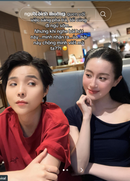 Đăng hình ảnh bên Vũ Cát Tường, Bí Đỏ hài hước chia sẻ: "Mình đã quen với việc sáng pha trà, tối cũng đi ngủ sớm. Nhưng nghe bài hát này, mình nhận ra bài này chồng mình viết mà". Ảnh: TikTok Bí Đỏ.