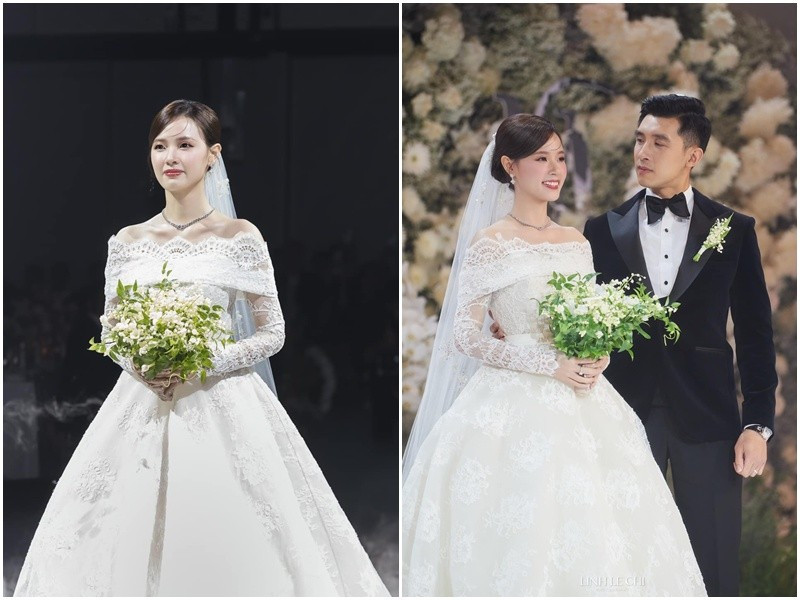 Trước Đỗ Thị Hà, Midu cũng có những chiếc váy cưới ấn tượng. Theo Harper’s Bazaar Việt Nam, nữ diễn viên diện váy kiểu công chúa. Trang phục nằm trong bộ sưu tập cưới Elie Saab Bridal Thu Đông 2024, có giá hơn 660 triệu đồng. Ảnh: FB Midu.