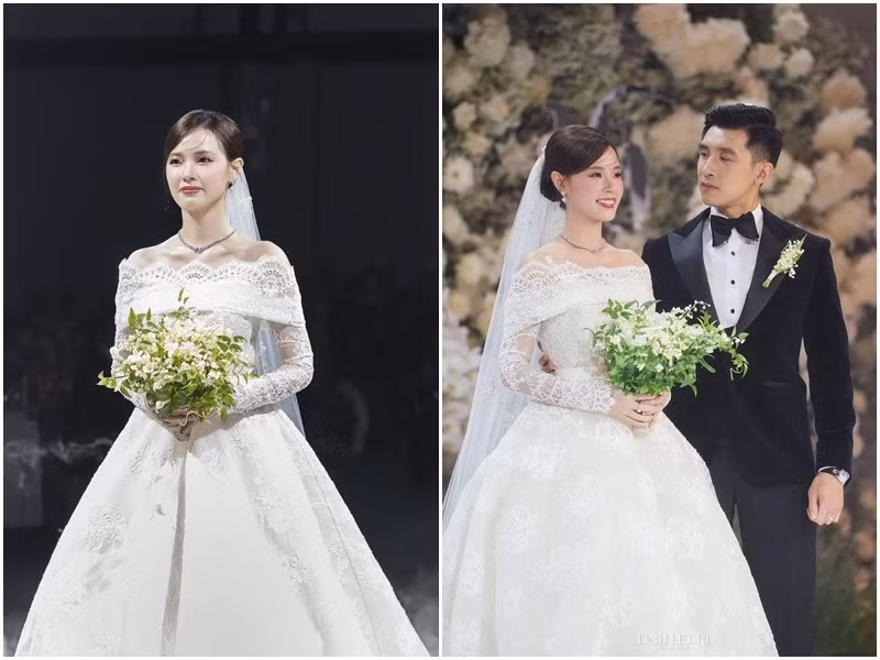 Trước Đỗ Thị Hà, Midu cũng có những chiếc váy cưới ấn tượng. Theo Harper’s Bazaar Việt Nam, nữ diễn viên diện váy kiểu công chúa. Trang phục nằm trong bộ sưu tập cưới Elie Saab Bridal Thu Đông 2024, có giá hơn 660 triệu đồng. Ảnh: FB Midu.