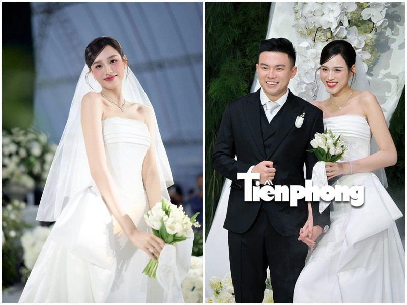 Diện váy cưới cúp ngực, phần eo thắt nơ lớn, nàng hậu khoe nhan sắc đẹp không tỳ vết. Ảnh: Tiền Phong, Znews.