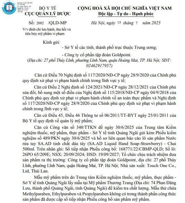 Thông báo của Cục Quản lý Dược về đình chỉ lưu hành, thu hồi trên toàn quốc lô sản phẩm nước rửa tay SA.AD tinh chất dâu tây - Ảnh chụp màn hình nuoc-rua-tay-2.jpg