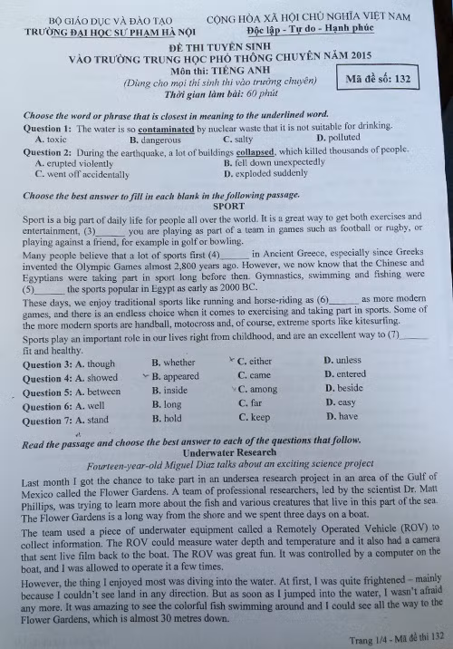 De thi tuyen sinh vao lop 10 mon Tieng anh DHSPHN nam 2015