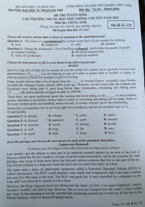 De thi tuyen sinh vao lop 10 mon Tieng anh DHSPHN nam 2015