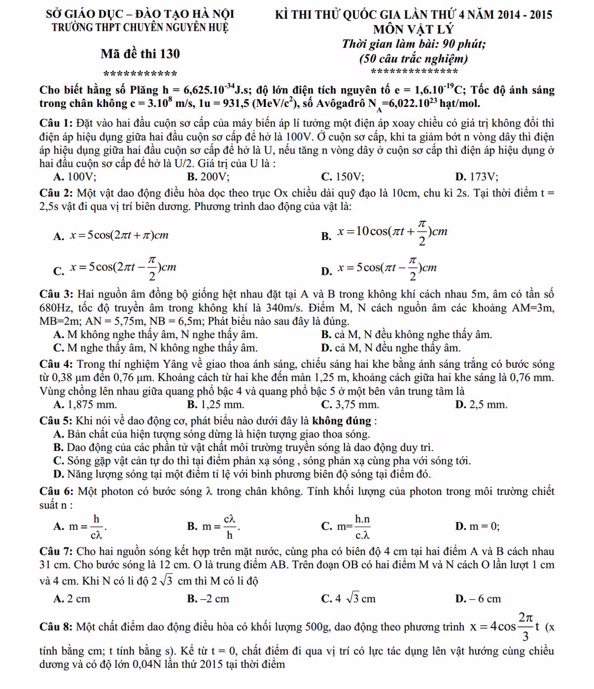De thi thu THPT quoc gia 2015 mon Vat Ly chuyen Nguyen Hue lan 4
