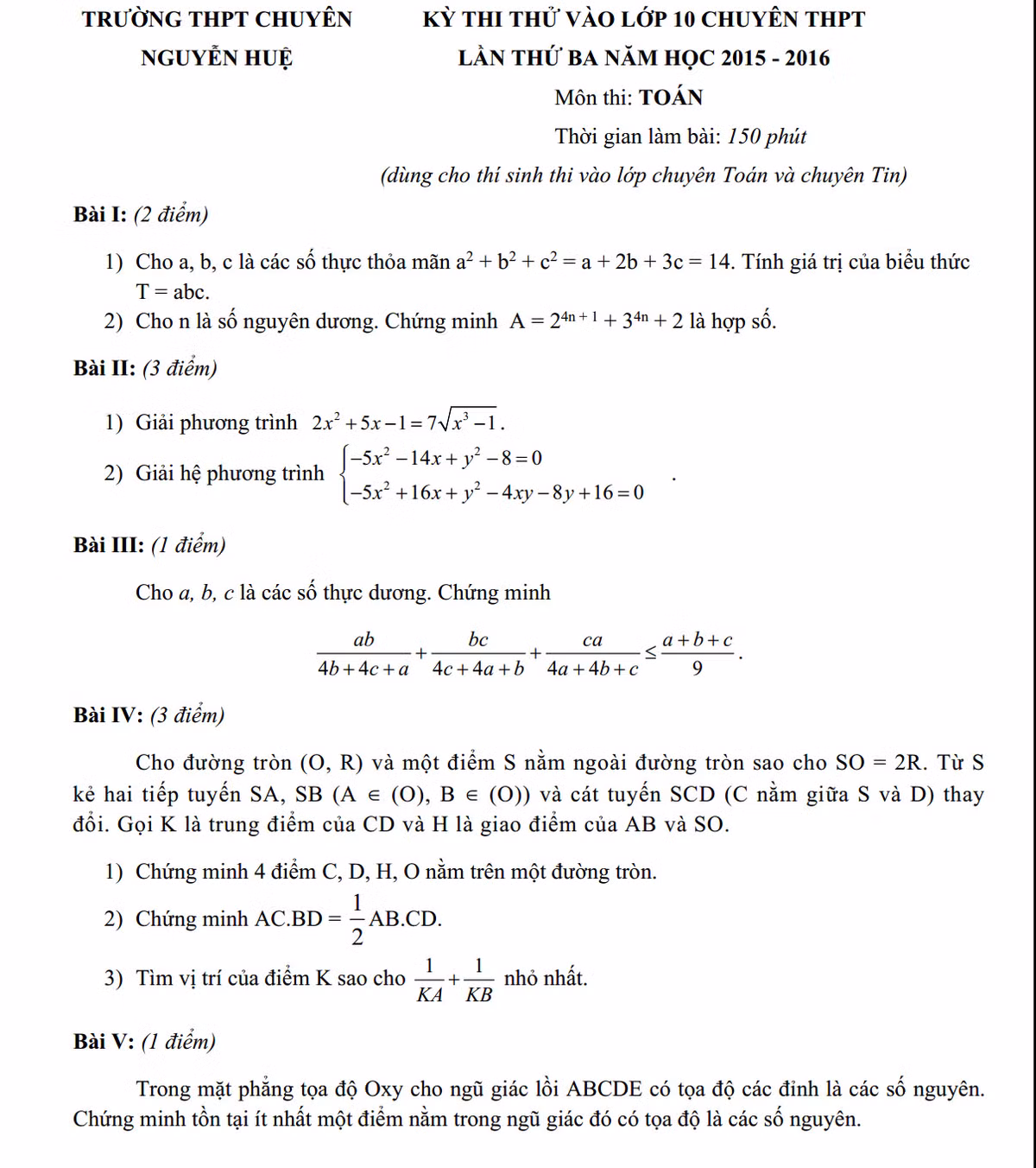 De thi thu vao lop 10 mon Toan THPT chuyen Nguyen Hue lan 3