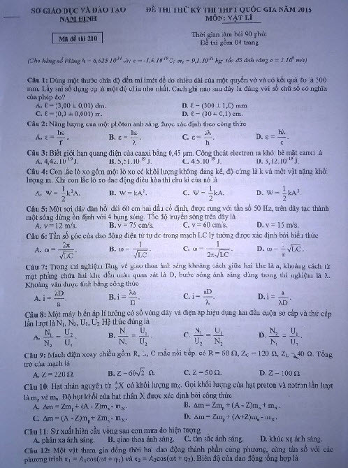 De thi thu THPT quoc gia 2015 mon Vat Ly toan tinh Nam Dinh ngay 5/6