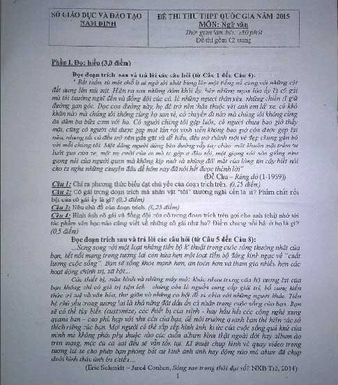 De thi thu THPT quoc gia 2015 mon Ngu Van toan tinh Nam Dinh sang 5/6