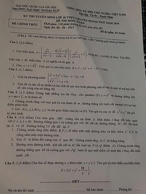 De thi vao lop 10 mon Toan chuyen Ngu DHQGHN nam 2015 ngay 6/6