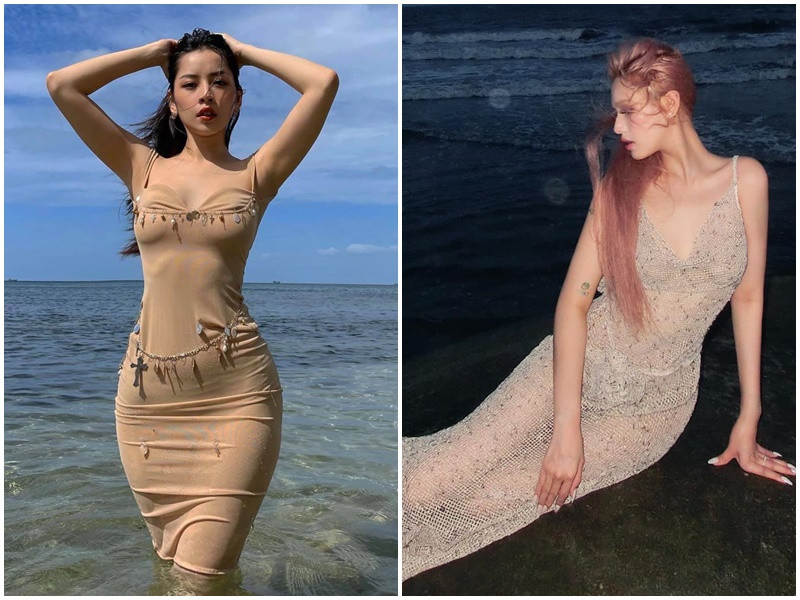 Hai hot girl khoe vóc dáng quyến rũ trong trang phục bó sát mỏng tang khi đi biển. Ảnh: FB Xoài Non, Chi Pu.