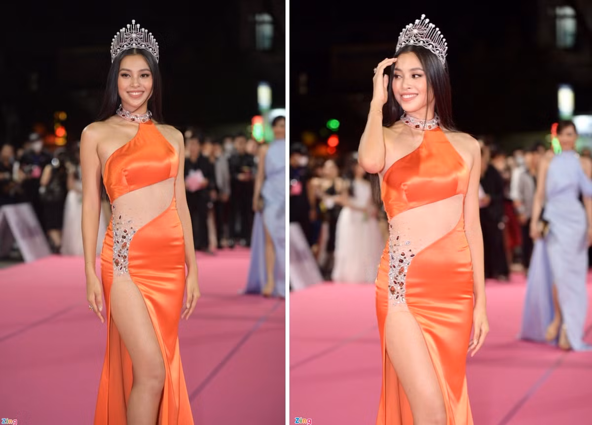 Đương kim Hoa hậu Trần Tiểu Vy gợi cảm trong bộ váy xẻ cao táo bạo. Trong hai năm đương nhiệm, cô đã cao lên, vóc dáng trở nên quyến rũ hơn. Khán giả dành nhiều lời khen cho nhan sắc ngày càng mặn mà của người đẹp gốc Hội An.