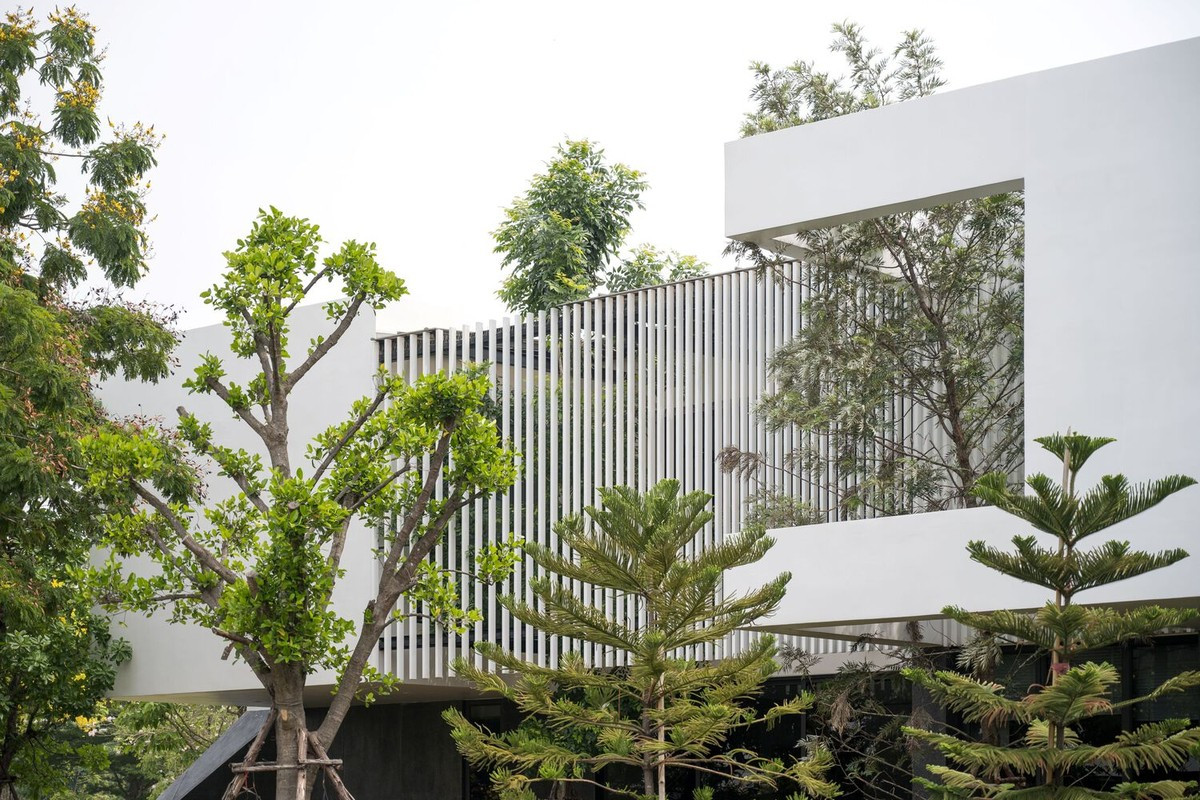 ác khu vực sinh hoạt riêng tư như phòng ngủ được đưa lên trên cùng, tạo ra một ngôi nhà hình hộp hiện đại.