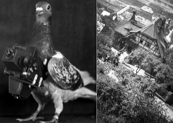 Năm 1907, Tiến sĩ Julius Neubronner đã nộp bằng sáng chế cho máy ảnh chim bồ câu. Như cái tên của nó, chiếc máy ảnh được gắn vào một con chim bồ câu. Bộ hẹn giờ cho phép nó tự động chụp ảnh khi bồ câu đang bay. Đây có thể coi chính là phiên bản đời đầu của máy ảnh không người lái.