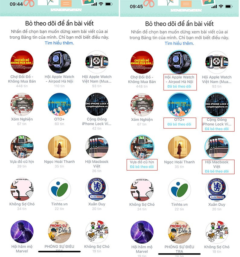 Cuối cùng bạn chỉ cần chạm một chạm vào các trang/nhóm/ cá nhân bạn không muốn theo dõi nữa là đã thành công hủy theo dõi. Sau khi hoàn tất nhấn Done (Xong) để lưu.Trên đây là hướng dẫn cách bỏ theo dõi hàng loạt trên Facebook. Chúc các bạn thành công!