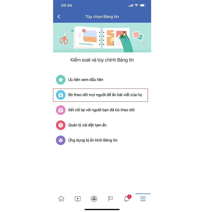 Bước 4: Tương tự như trên máy tính, tại đây sẽ mở ra một hộp thoại có các Tùy chọn như: Prioritize See First (Xem trước), Unfollow people to hide their posts (Bỏ theo dõi mọi người và nhóm để ẩn bài viết của họ), Reconnect with people you unfollowed ( Kết nối lại với mọi người và nhóm bạn đã bỏ theo dõi), Manage Your Snooze Settings (Quản lý cài đặt tạm ẩn). nhấn chọn Unfollow.