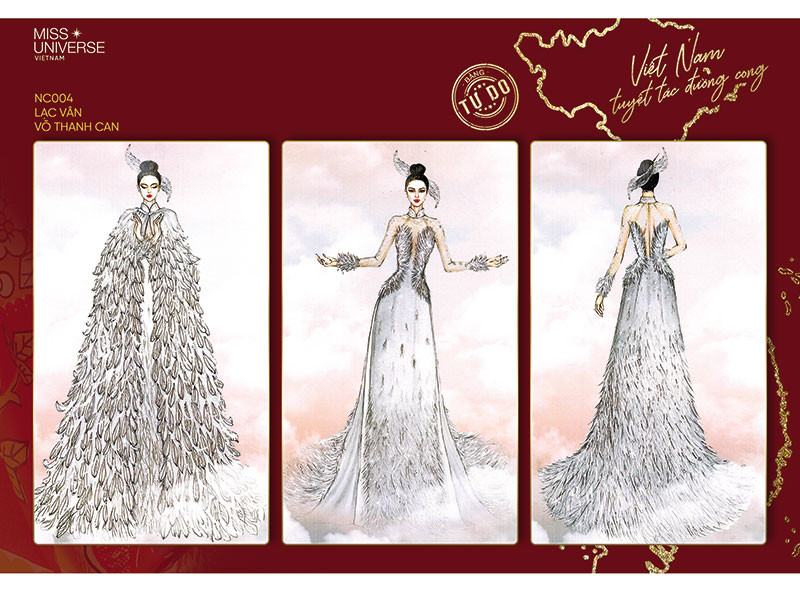 “Lạc vân” (Võ Thành Can) cũng lọt top 9 cuộc thi tuyển chọn trang phục dân tộc cho Khánh Vân. Thiết kế này tôn dáng người mặc, đính kết pha lê thủ công dựa trên hình tượng loài chim quen thuộc trên trống đồng Đông Sơn.