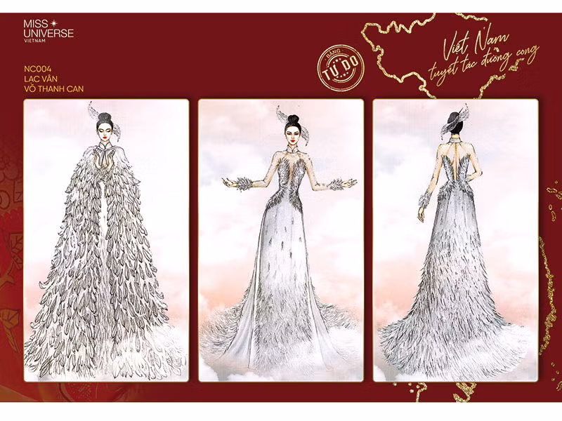 “Lạc vân” (Võ Thành Can) cũng lọt top 9 cuộc thi tuyển chọn trang phục dân tộc cho Khánh Vân. Thiết kế này tôn dáng người mặc, đính kết pha lê thủ công dựa trên hình tượng loài chim quen thuộc trên trống đồng Đông Sơn.