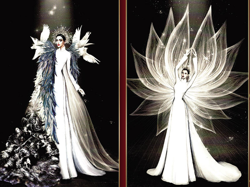 “Liên vũ” (Tem Nguyễn) thu hút sự quan tâm của khán giả bởi yếu tố thẩm mỹ và luôn dẫn đầu bầu chọn. Thiết kế này kết hợp giữa yếu tố hoa sen, lông vũ và áo dài.