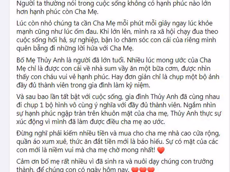 Thủy Anh không quên gửi lời cảm ơn bố mẹ vì đã sinh ra và nuôi dạy cô trưởng thành.