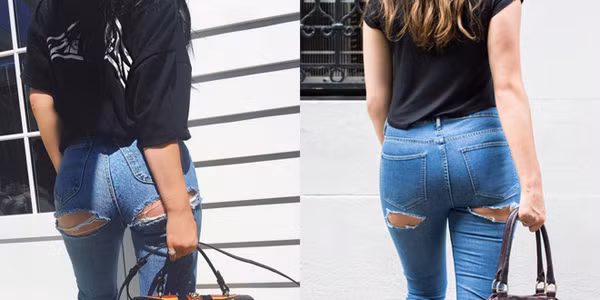 Mẫu quần jeans táo bạo thuộc hãng thời trang ASOS. Không hở nhiều như mẫu quần trên, mẫu quần chỉ bị xẻ rạch một đường ở phía dưới mông.