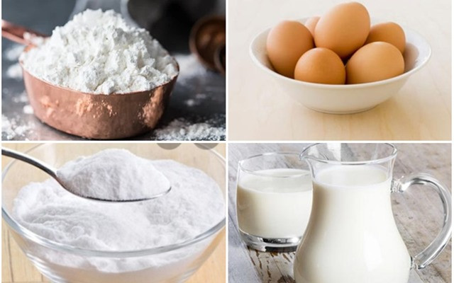 Nguyên liệu: 180 g bột ngô, 80 g bột mì, 1 quả trứng, 10 g dầu, 30 g đường, chút bột nở, 20 g quả táo đỏ, 10 quả óc chó