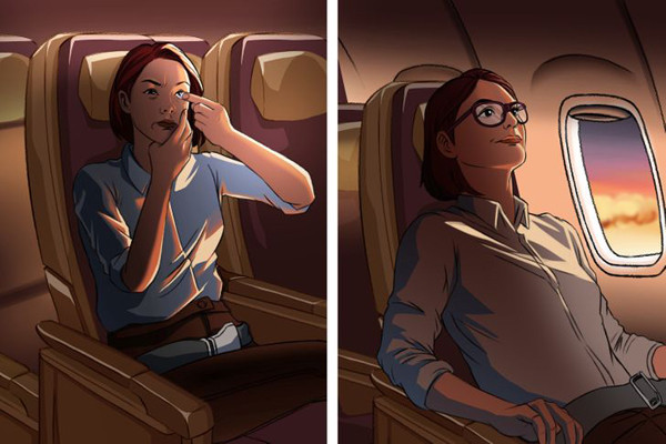 Kính áp tròng. So với không khí trên đất liền, không khí trong cabin máy bay thường có độ ẩm thấp hơn. Kiểu không khí này có thể gây khó chịu ở mắt, đặc biệt là với những người đeo kính áp tròng. Vì vậy, bạn nên lựa chọn kính gọng thay thế để tránh bất tiện.