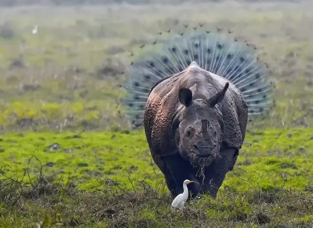 Con tê giác có "một chiếc váy xòe" tuyệt đẹp, độc nhất vô nhị. Đây là bức ảnh đánh lừa thị giác khi phía sau con tê giác là một con công.