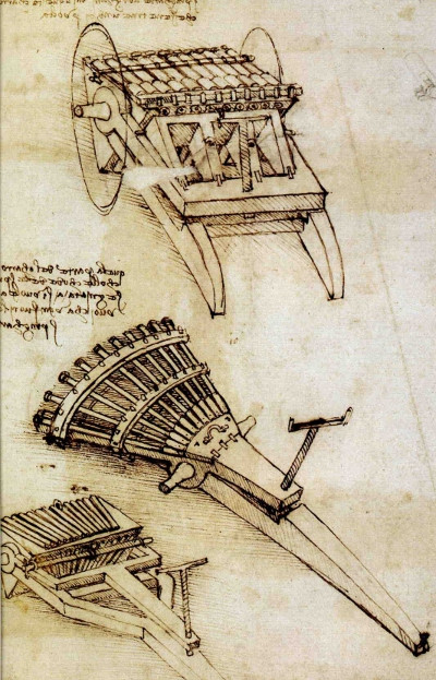 Leonardo da Vinci gây chú ý khi thiết kế ra mẫu vũ khí có biệt danh "đàn thùng" - được xem là phiên bản sớm nhất của súng máy. Ông thiết kế vũ khí này gồm 33 khẩu súng nhỏ xếp chồng lên một khung xoay vòng.