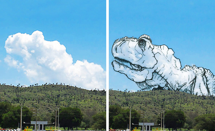 Mây hình khủng long gây chú ý trên nền trời xanh ngắt.