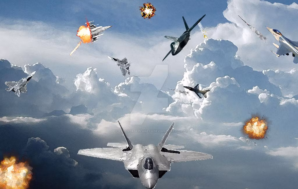 Công bằng mà nói không rõ các máy bay phản lực của các bên đang diễn ra theo kịch bản nào. Hay là F-22 cố tình xuất phát chậm hơn và thấp hơn để cho máy bay Rafale có được lợi thế theo mục đích huấn luyện chăng?