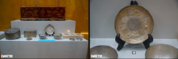 Bộ sưu tập đồ thờ bằng bạc vào thế kỷ XIX, gồm: hộp, chén, hộp gương, đĩa, thẻ bài, bát... trang trí họa tiết hình rồng, được sưu tầm tại đền Sòng Sơn, huyện Hà Trung, Thanh Hóa. 