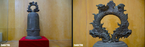 Chiếc chuông đồng từ thời nhà Nguyễn với thiết kế có hình tượng rồng đúc nổi trên thân và quai chuông. 