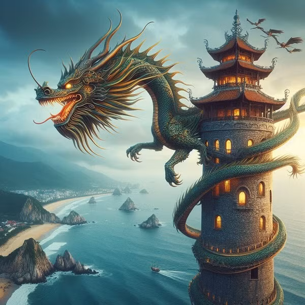 Với câu lệnh "Rồng ở Tháp Bà Ponagar, Nha Trang", AI đã vẽ ra một loại tháp ở Việt Nam không có. 