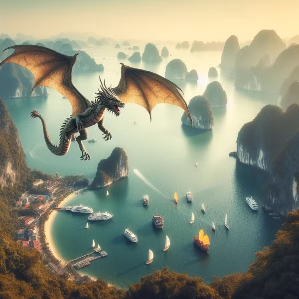 "Rồng bay trên vịnh Hạ Long" là từ khóa được yêu cầu. Tuy nhiên, mỗi khi tạo keyword là từ "bay", rồng hơi giống con quái vật trong phim.