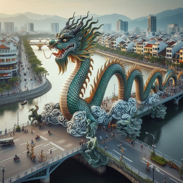 "Rồng trên sông Hàn, Đà Nẵng, nơi có nhiều cây cầu", AI đã vẽ gần giống nhưng hai bên bờ sông lại là khu phố cổ. 