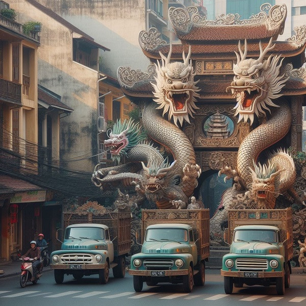 Với từ khóa rồng, xe tải và phố cổ Hà Nội, AI đã tạo ra bức hình trên. 