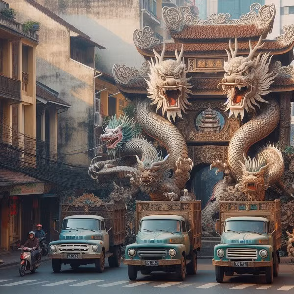 Với từ khóa rồng, xe tải và phố cổ Hà Nội, AI đã tạo ra bức hình trên. 