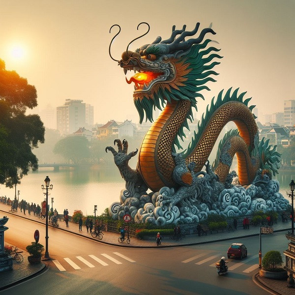 Độ chính xác từng chi tiết theo yêu cầu của từ khóa vẫn còn chưa có nhưng về tổng thể AI luôn tạo ra những bức hình bắt mắt. Trong ảnh là hình được tạo bởi các keywords rồng trên hồ Gươm có cầu Thê Húc.