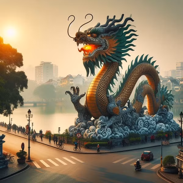 Độ chính xác từng chi tiết theo yêu cầu của từ khóa vẫn còn chưa có nhưng về tổng thể AI luôn tạo ra những bức hình bắt mắt. Trong ảnh là hình được tạo bởi các keywords rồng trên hồ Gươm có cầu Thê Húc.