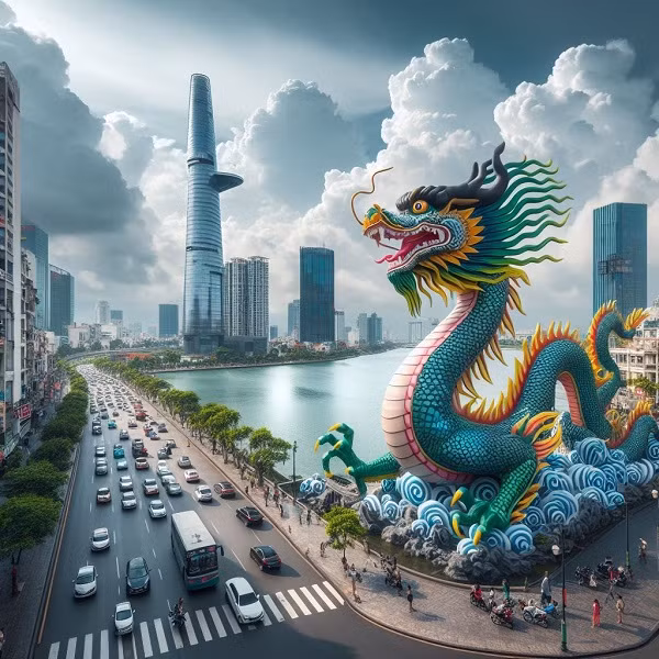 Kết quả của từ khóa "Rồng trên đường phố TP.HCM, có tòa tháp Landmark81". Tuy nhiên AI lại cho ra hình tòa tháp Bitexco và còn cao, dài hơn kích cỡ chuẩn. 