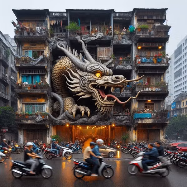 Chỉ cần đặt lệnh với vài dòng như rồng, phố cổ Hà Nội, xe máy là AI đã tạo ngay ra bức hình như trên trong vòng 20 giây. 