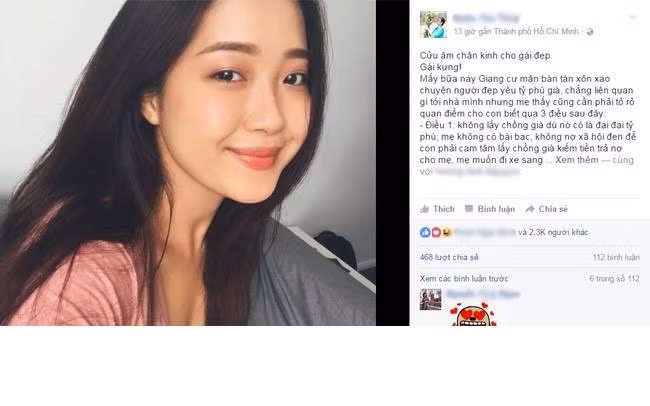 Vài ngày gần đây, dân mạng Việt đang xôn xao, bàn tán không ngừng về nội dung bài viết "Cửu âm chân kinh cho gái đẹp", nêu một loạt cách khéo chọn chồng gửi cho con gái của bà Đoàn Thị Thu Thủy - CEO cho dự án BOT quốc lộ 30. Bài đăng không chỉ thu hút hàng ngàn lượt bình luận của dân mạng mà còn được chia sẻ lại trên rất nhiều fanpage, hội nhóm của chị em phụ nữ và các trang về tình yêu. Ngoài nội dung rất thu hút người đọc, đặc biệt là quan điểm "không lấy chồng già dù có là tỷ phú", bài đăng của bà Đoàn Thị Thu Thủy còn được chú ý với hình ảnh đăng kèm là một cô gái trẻ rất xinh đẹp.