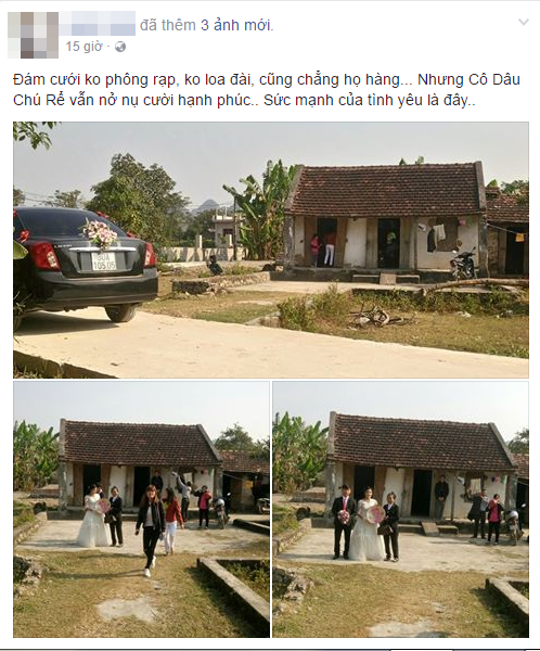 Gần đây, một số hình ảnh, clip ghi lại trong các đám cưới tổ chức linh đình, xa hoa... thu hút sự quan tâm của rất nhiều dân mạng Việt. Nhưng song song đó, vẫn có những câu chuyện về các đám cưới đơn giản, đơn sơ nhưng chứa chan tình cảm, niềm vui, niềm hạnh phúc của cô dâu chú rể, gia đình hai họ và tạo ra được nhiều thiện cảm với những người chứng kiến. Hôm 10/12, thành viên nhiều fanpage giải trí đặc biệt quan tâm đến loạt ảnh chụp trong một đám cưới rất đơn sơ với khung cảnh thôn quê được cho là ở Ninh Bình, kèm theo một câu chuyện cảm động về tình yêu đôi lứa.