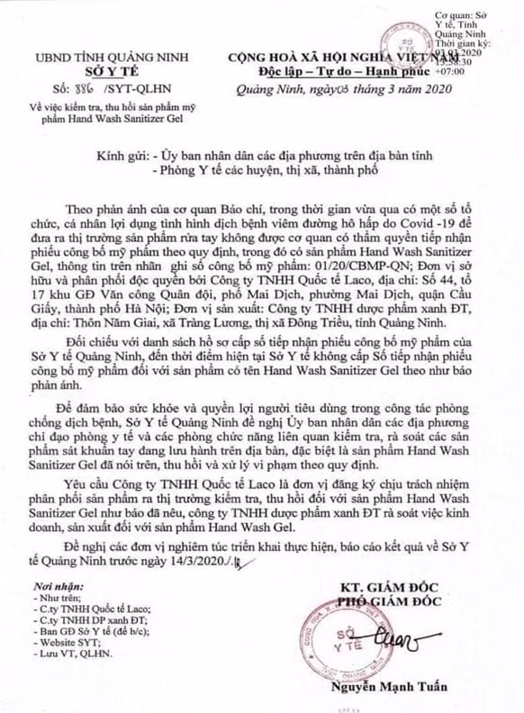 Vi sao gel rua tay Hand Wash do Cong ty TNHH Quoc te Laco bi thu hoi?-Hinh-2
