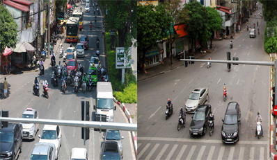 Trên đường Láng, đoạn giao cắt với đường Nguyễn Chí Thanh, giao thông đi lại không còn tấp nập như trước đây (hình ảnh trước và sau khi có dịch).