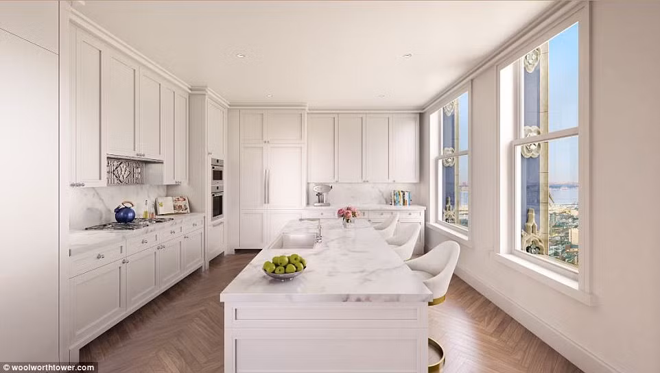 Nhà bếp rộng rãi có tầm nhìn tuyệt đẹp ra toàn cảnh thành phố Manhattan.