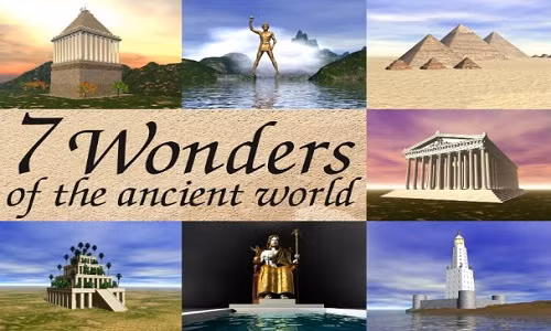 7 kỳ quan thế giới cổ đại được biết đến rộng rãi bao gồm: Vườn treo Babylon, đền Artemis, tượng thần Zeus, lăng mộ Halicarnassus, tượng thần Mặt Trời ở Rhodes, hải đăng Alexandria và kim tự tháp Giza.