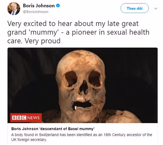 Ngoại trưởng Johnson bày tỏ niềm tự hào trên Twitter khi được biết về danh tính xác ướp cũng chính là "bà tổ" của ông. Ảnh: Twitter.