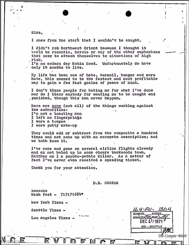 Bức thư này được không tặc D.B. Cooper gửi đi vào 17 ngày sau khi thực hiện vụ uy hiếp toàn bộ phi hành đoàn, hành khách, yêu cầu 4 chiếc dù và chiếm đoạt 200.000 USD rồi tẩu thoát một cách bí ẩn năm 1971.